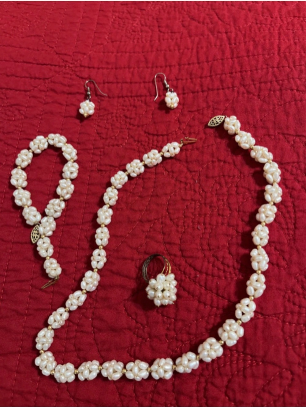 Real Rice Pearl Jewelry Set -  Necklace, Bracelet, Earrings— Vintage Handmade